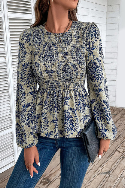 Peplum Printed Round Neck Long Sleeve Blouse